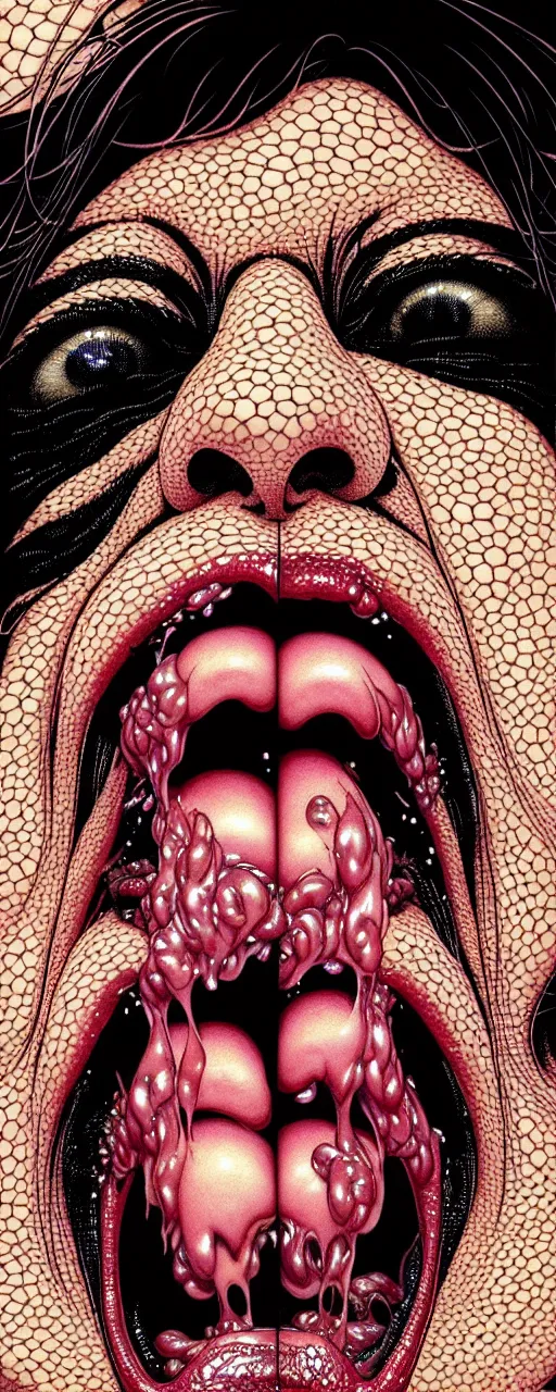 Image similar to closeup of face melting in agony with tongue, inside a frame on a tiled wall, frontal picture, by yoichi hatakenaka, masamune shirow, josan gonzales and dan mumford, ayami kojima, takato yamamoto, karol bak