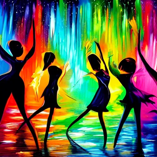 Image similar to dark dancing silhuettes in a dance club, colorful lights, dramatic lighting, a lot of energy, oil painting