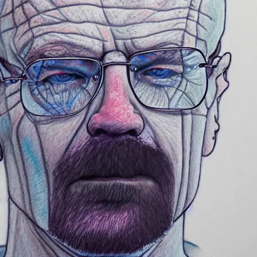 Image similar to walter white covered in acid fog, colored pencil drawing,