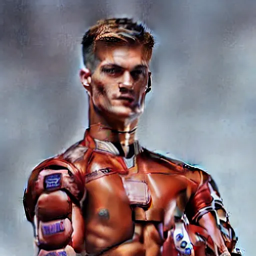 Image similar to a realistic detailed photo of a guy who is an attractive humanoid who is half robot and half humanoid, who is a male android, soccer player matthjis de ligt, shiny skin, posing like a statue, blank stare, in a living room, on display, showing off his muscles