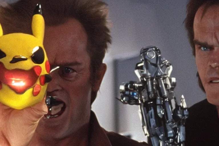 Image similar to Jack Nicholson plays Pikachu Terminator, Terminator's endoskeleton gets exposed and his eye glows red, scene from the film finale