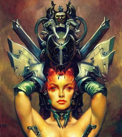 Image similar to portrait of strong female chaos angel, beautiful! coherent! by frank frazetta, by brom, strong line, vivid neon color, spiked scrap metal armor, iron helm maximalist