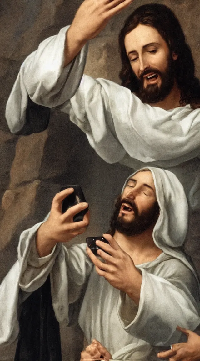 Image similar to Jesus taking a selfie. He is laughing because see a meme.no letters, year 0 clotes, Professional photo