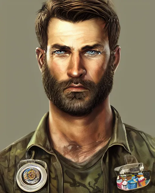 Image similar to portrait of muscular, tired and alcoholic 3 0 - year - old handsome man with short darkblonde hair, serious sad look in his eyes, dirty beard, blue eyes, wearing dirty soldier uniform, on the desert, hyper realistic face, beautiful eyes, character art, art by mark brooks, hyperdetailed, cryengine, trending on artstation, digital art