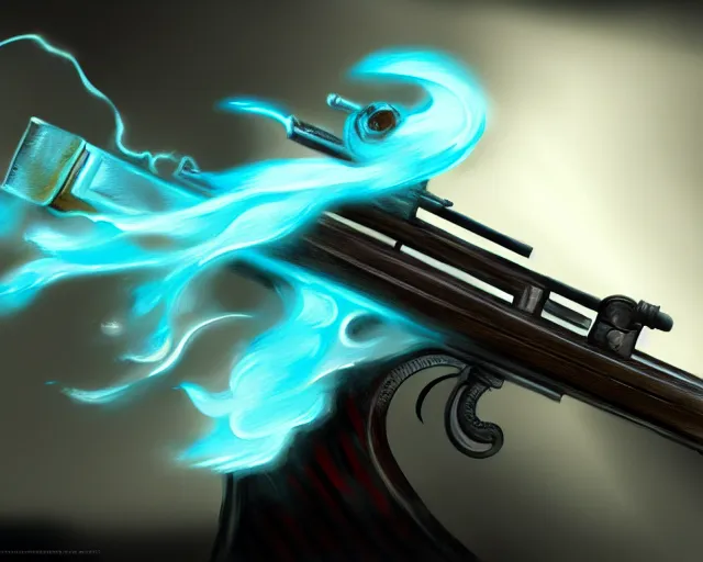 Image similar to the ghost of a flintlock pistol, videogame concept art, artstation trending, cyan ectoplasm