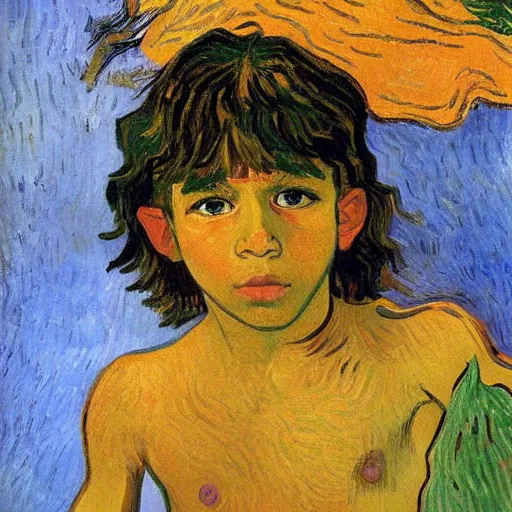 Prompt: painting of Mowgli by Vincent Van Gogh. Realistic, hyperdetailed