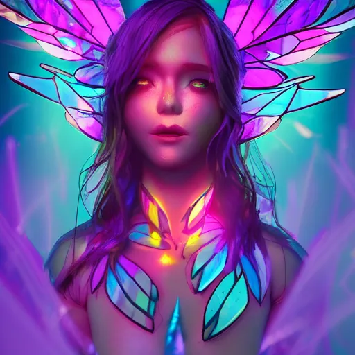 Prompt: brightly lit fairy with stained glass wings in a dim dark forest cute colorful 4 k path traced high definition detailed artstation realistic trending dramatic lighting high contrast neon defined face cyberpunk