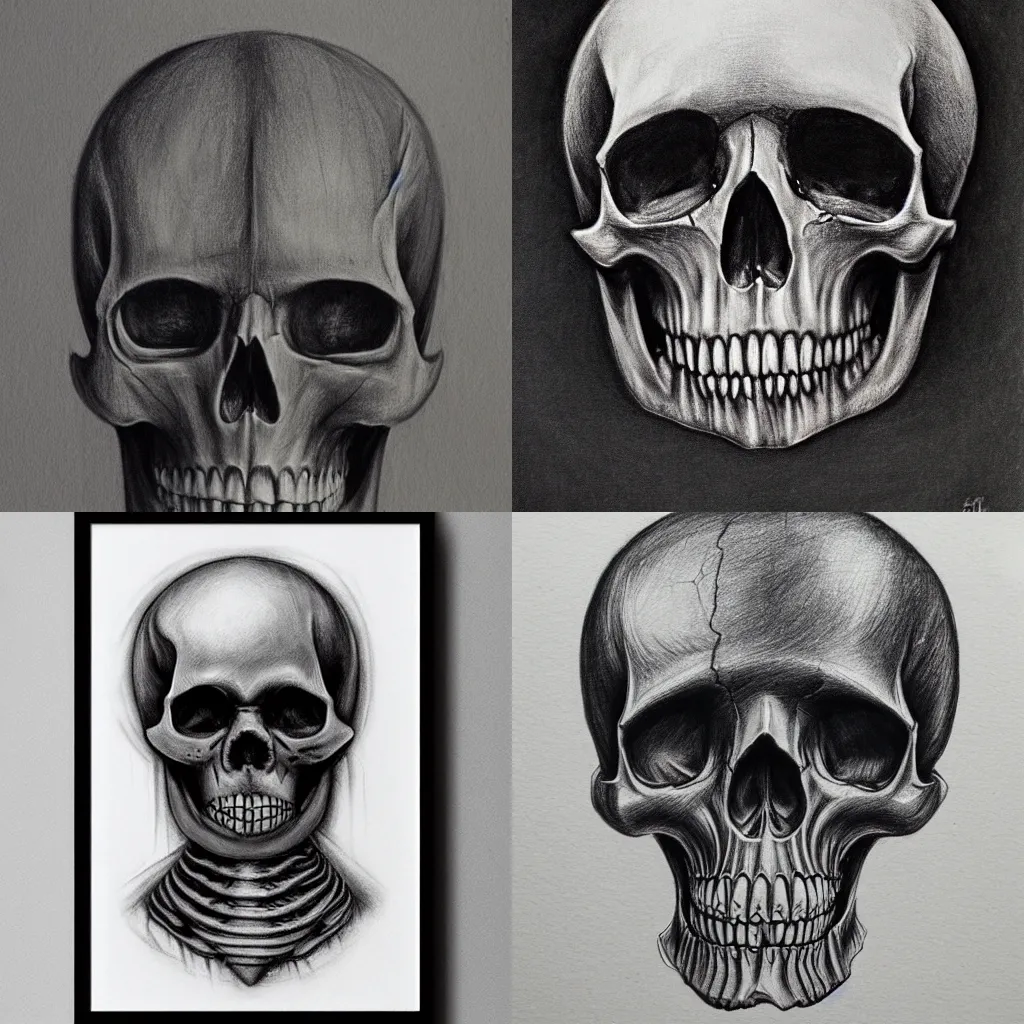 Prompt: symmetrical skull, hr giger, charcoal