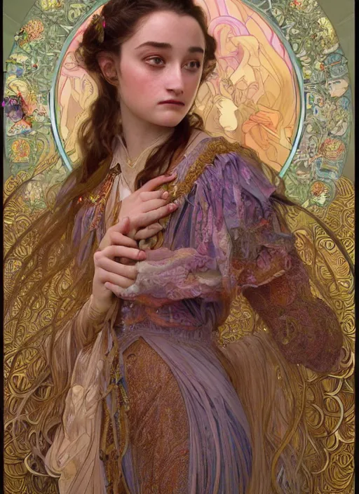 Prompt: Raffey Cassidy as God of Beauty, cute, fantasy, intricate, elegant, highly detailed, digital painting, 4k, HDR, concept art, smooth, sharp focus, illustration, art by alphonse mucha,artgerm, H R Giger