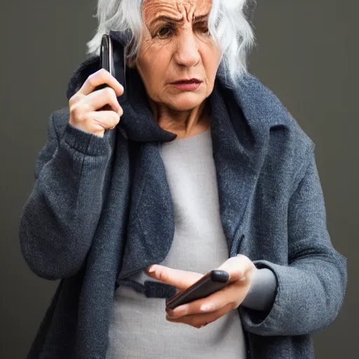 Image similar to astonished middle aged lady looking at smartphone angrily, wild hair, greek ethnicity, straight grey hair, angry eyes,