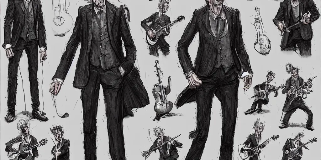 Image similar to cartoonish peter capaldi jamming with his band, character sheet, fine details, concept design, contrast, kim jung gi, greg rutkowski, trending on artstation, 8 k, full body, turnaround, front view, back view, ultra wide angle