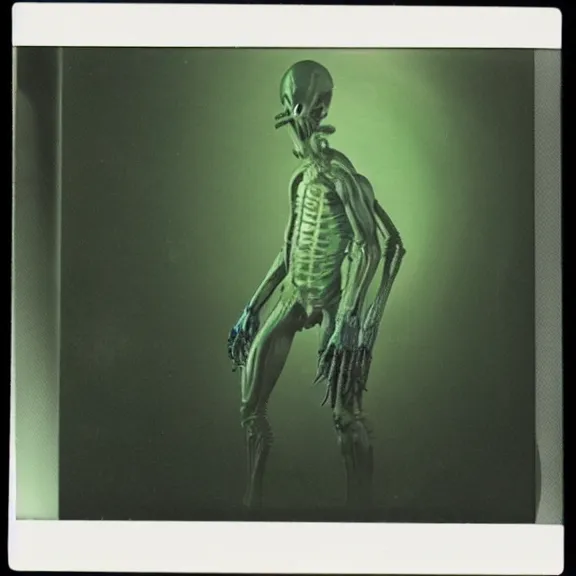 Prompt: a polaroid picture of a xenomorph with fluorescent flesh, polaroid pic by giger
