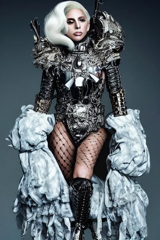 Image similar to very ashamed and angry lady gaga forced by gucci for modeling in gucci armor, luxury materials, symmetrical, cinematic, elegant, professional studio light, real dlsr photography, sharp focus, 4 k, ultra hd, sense of awe, high fashion