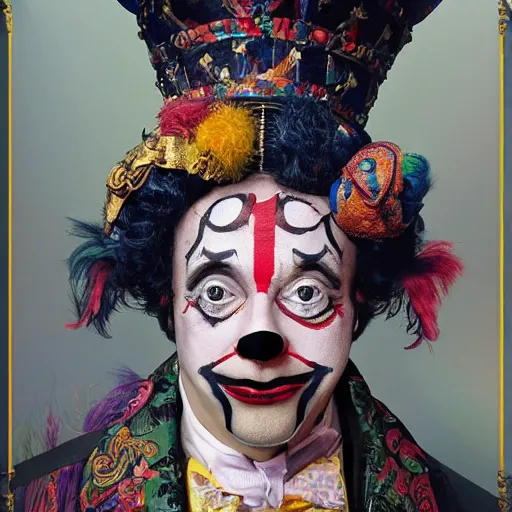 Prompt: UHD hyperrealistic impressive photo of Paulie Shore, dressed as an emperor, wearing bizarre clown makeup, correct face, accurate face, intricate clown makeup, ornate attire, regal clown face, by Ayami Kojima, Amano, Karol Bak, Greg Hildebrandt, and Mark Brooks, by Antonio Caparo and Ferdinand Knab and Greg Rutkowski UHD photorealistic trending on artstation