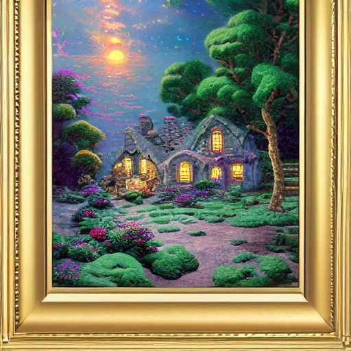 Prompt: stone cottage on an alien planet illustrated by thomas kinkade