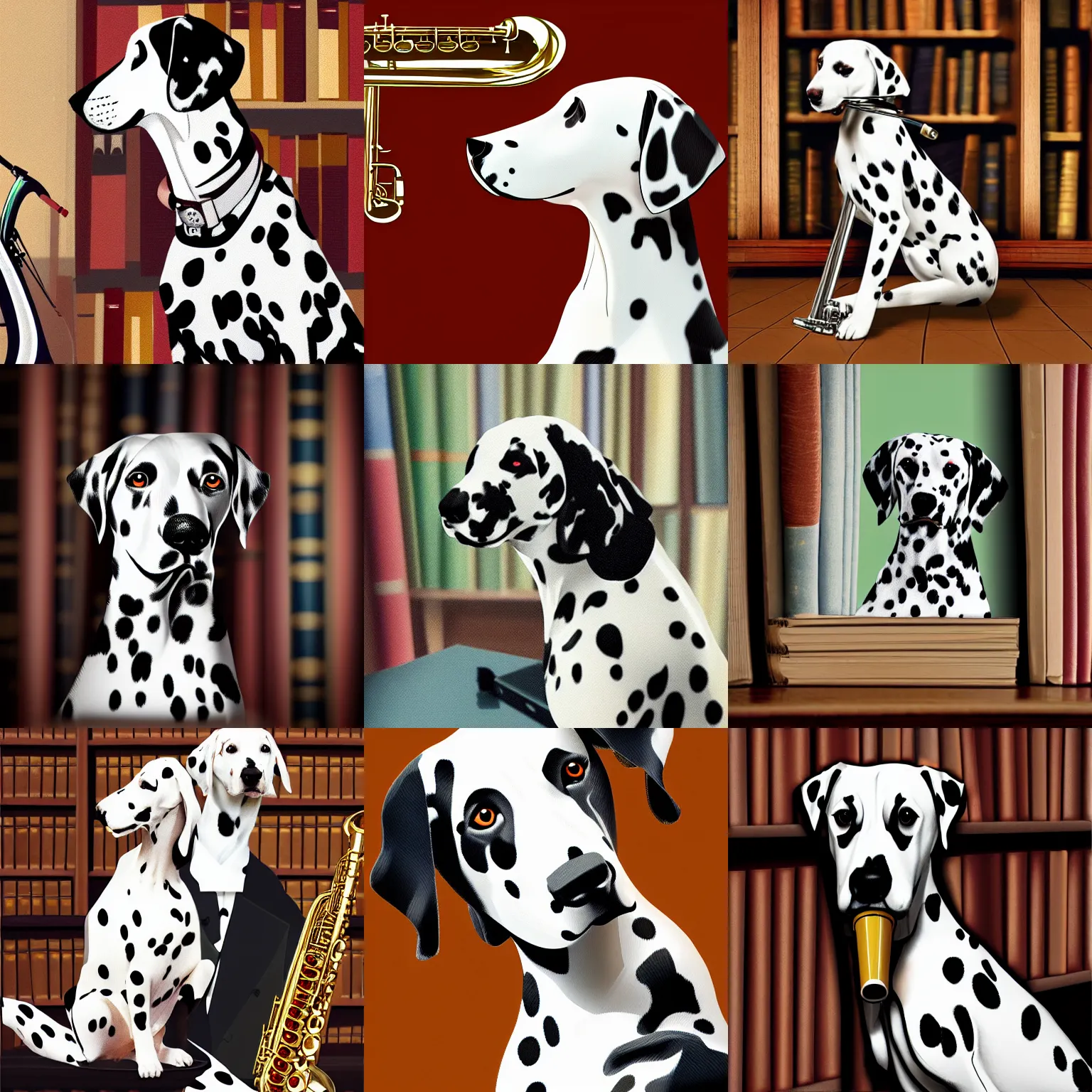Prompt: dalmatian with saxophone, sitting in library, medieval portrait, low poly, close up