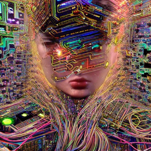 Image similar to deeper into the metaverse we go, piles of modular synth cables, puerto rican goddess swimming up wearing a headpiece made of circuit boards, by cameron gray, wlop, stanley kubrick, masamune, hideki anno, jamie hewlett, unique perspective, trending on artstation, 3 d render, vivid pastel colors