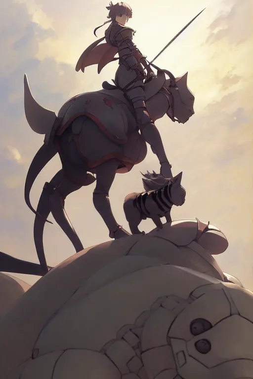 Image similar to a full body of the female knight riding a heavy armored giant cat, finely detailed features, closeup at the faces, perfect art, gapmoe yandere grimdark, trending on pixiv fanbox, painted by greg rutkowski makoto shinkai takashi takeuchi studio ghibli, akihiko yoshida