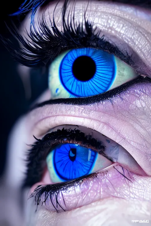 Image similar to macro photography of a hyper realistic stunning woman cyberpunk blue eye. black pupil, blue iris, natural skin no make up. studio shot, epic scale, insanely complex, hyper detailed, sharp focus, hyper realism, artstation, cgsociety, 8 k, unreal engine 5