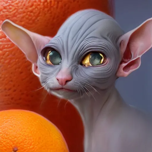 Image similar to An adorable hairless goblin cat stealing an orange, by Stanley Artgerm Lau, WLOP, Rossdraws, James Jean, Andrei Riabovitchev, Marc Simonetti, and Greg Rutkowski, trending on artstation