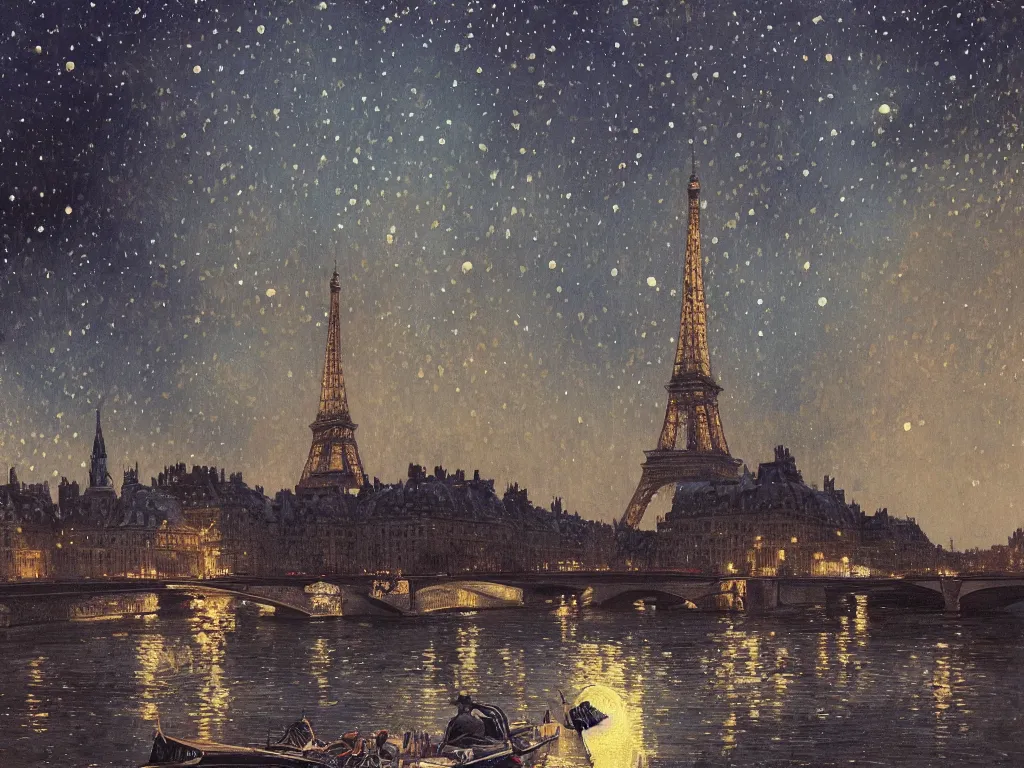 Image similar to a view from the seine river in paris at night with the sky full of stars, intricate, elegant, highly detailed, digital painting, artstation, concept art, smooth, sharp focus, colored illustration for tattoo, art by krenz cushart and artem demura and alphonse mucha,
