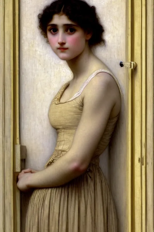 Prompt: girl in thought by auguste toulmouche and bouguereau, clear face, perfect detailed eyes, beautiful hands, pale skin, blonde hair, leaning on door