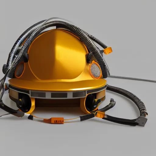 Prompt: hyper detailed boxcutter hard surface modelling rear view of yellow orange and gold astronaut helmet, arstation, cables wires, heart symbols, unreal engine 5