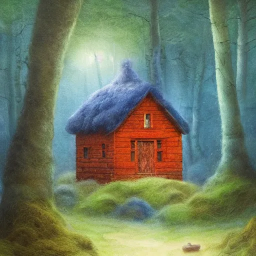 Image similar to small wooden house in the middle of enchanted forest, bright colours, watercolor, volumetric wool felting, macro photography, children illustration, by christophe vacher