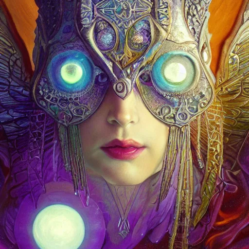 Prompt: beautiful closeup portrait of an art moderne fairy queen, glowing eyes. reflective detailed textures, moth wings, highly detailed dark fantasy science fiction painting by donato giancola and peter mohrbacher and nicholas roerich and diego rivera, elaborate geometric ornament, ancient runes, silver and cool colors. artstation