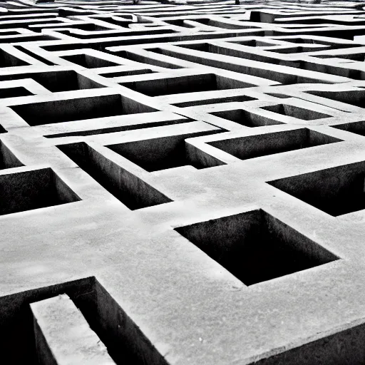 Image similar to abstract maze-like tunnel, photograph, polished concrete blocks placed around on top of the ground going from near to far
