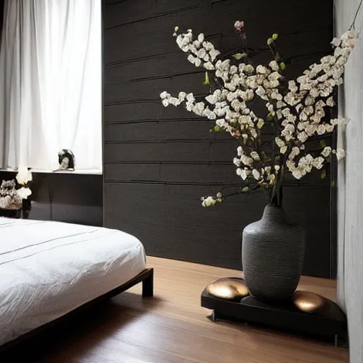 Image similar to bedroom, stone, interior design, stylish luxury hotel bedroom design, yakisugi, black vertical slatted timber, textures, feminine, black walls, art, Japanese pottery vase with flowers, kakejiku, seasonal, Japanese influences