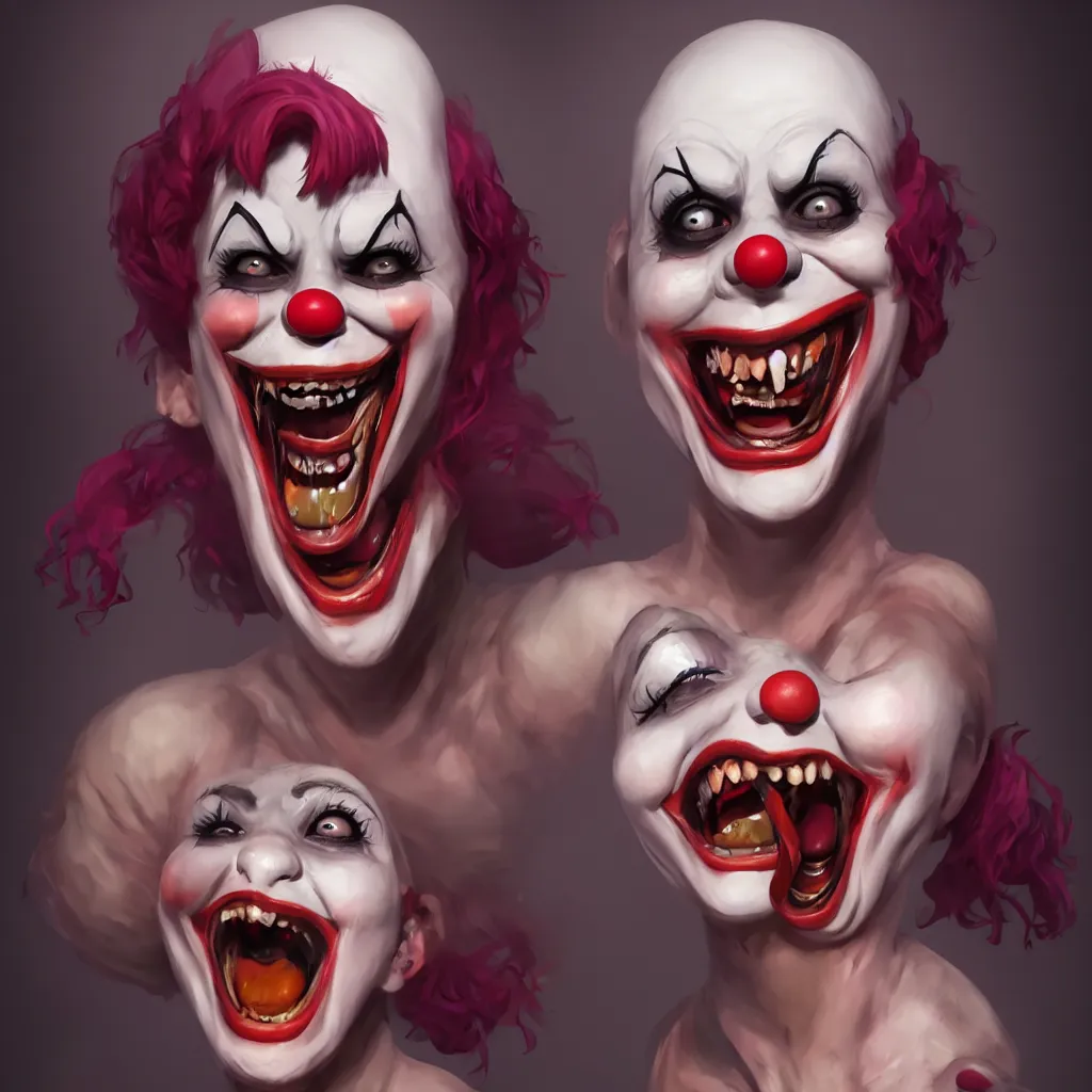 Prompt: a scary female clown laughing, directed gaze, full - body and head view, highly detailed, zeronis style, artstation, soft light, sharp focus, illustration, character design, concept art