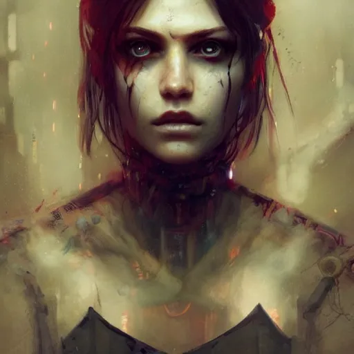 Image similar to young beautiful woman, cyberpunk, glowing eyes, high detail, dramatic light, digital art, dark, painted by seb mckinnon and greg rutkowski, trending on artstation