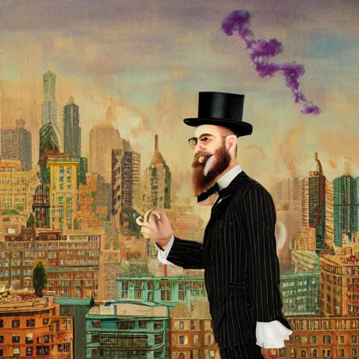 Image similar to A beautiful painting of a man with a beard and a top hat, looking over a cityscape. lomography by Mark Ryden swirling