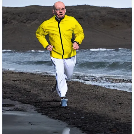 Image similar to Walter White running on the beach, artistic, 8k, cinematic