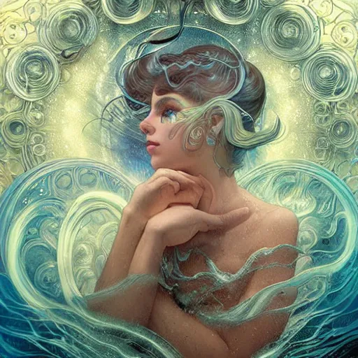 Image similar to an underwater photographic portrait of a dreaming anthropomorphic bioluminescent water wave, fantasy, intricate, elegant, highly detailed, digital painting, artstation, concept art, smooth, sharp focus, illustration, art by artgerm and h r giger and alphonse mucha