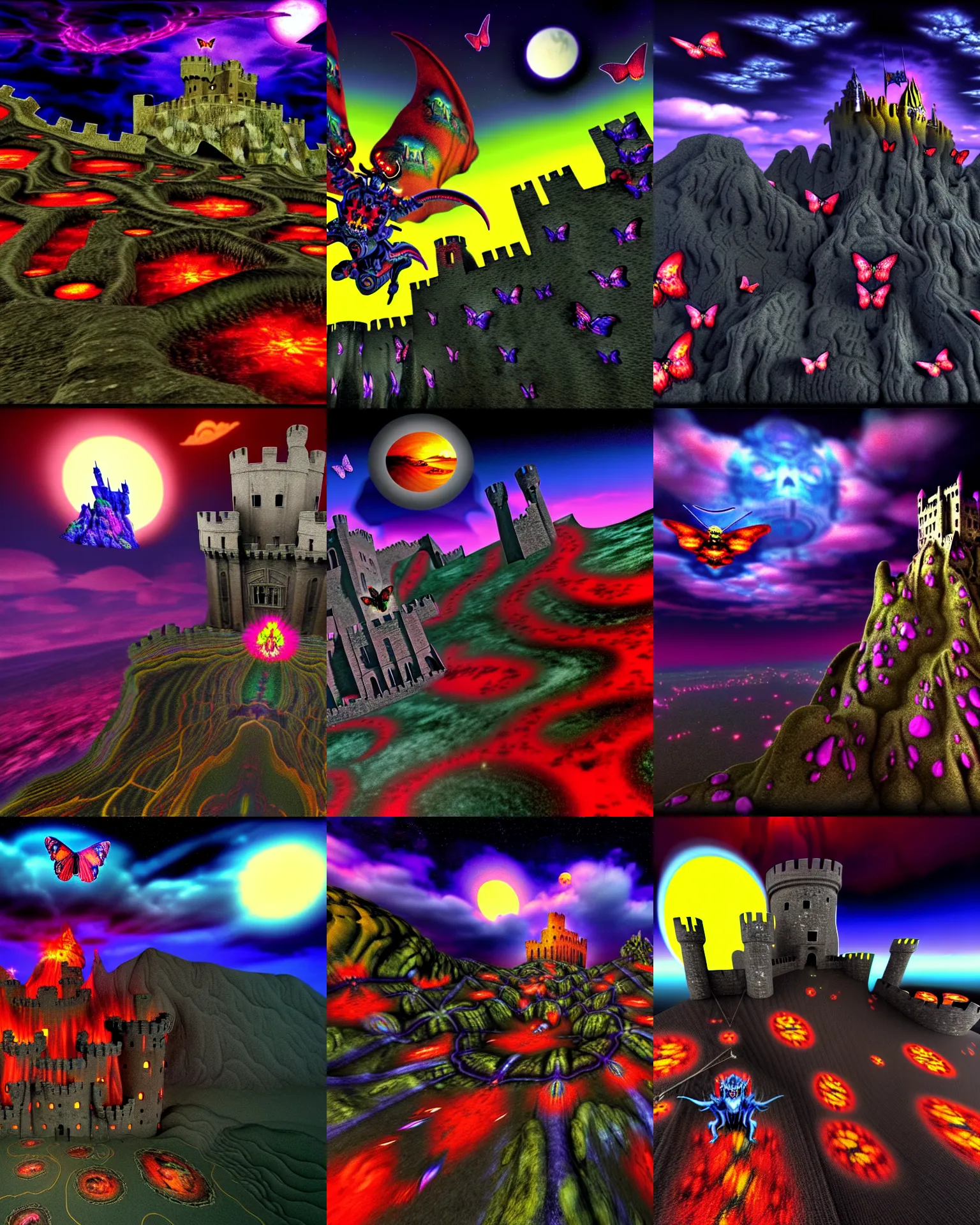 Prompt: early 3 d cgi render of hell baron demon flying in mountain landscape with castle ruins against a psychedelic surreal background with 3 d butterflies and 3 d flowers n the style of 1 9 9 0's cg graphics against the cloudy night sky, twisted metal playstation graphics, 3 do magazine, wide shot