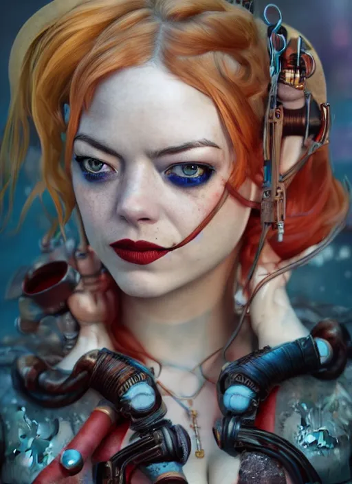 Image similar to underwater steampunk portrait of emma stone as harley quinn, hyper detailed, digital art, trending in artstation, cinematic lighting, studio quality, smooth render, unreal engine 5 rendered, octane rendered, art style by klimt and nixeu and ian sprigger and wlop and krenz cushart.