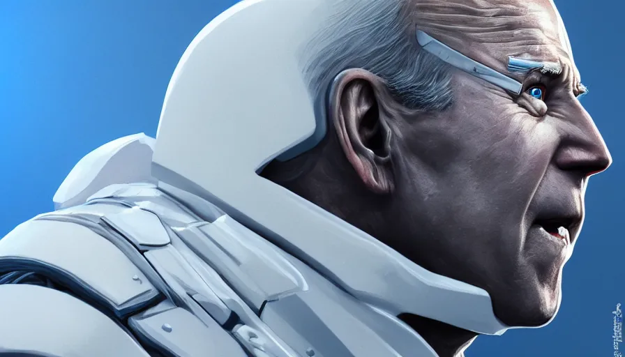 Prompt: joe biden in white armor with blue lights in it, white background, hyperdetailed, artstation, cgsociety, 8 k