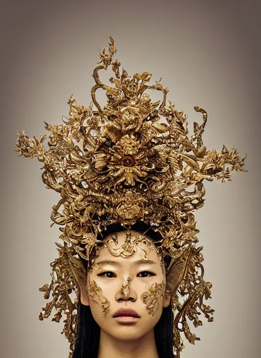 Image similar to a portrait of asian female by stefan geselle and nekro borja, photorealistic, intricate details, hyper realistic, fantasy, elegant, baroque gold headpiece, photorealistic, canon r 3, photography, wide shot, symmetrical features, symmetrical pose, wide angle shot, head to toe, standing pose, feet on the ground, wearable art