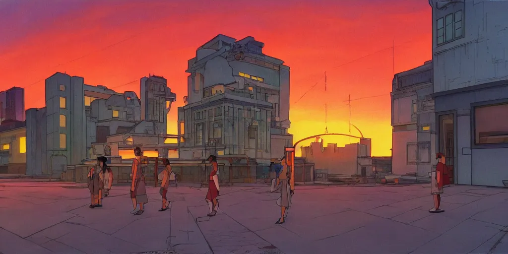 Prompt: fusion reactor, wonderous and magical, in an urban setting, sunset, by Studio Ghibli and Edward Hopper