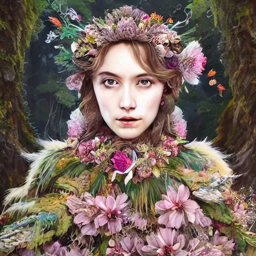 Prompt: queen of forest, wearing a full feathered cloak and a fancy 🌌🌸🌺🏺 floral dress, ornate, ultra realistic, concept art, intricate details, highly detailed, photorealistic, art station, rococo, octane render, 8 k, wlop. art by artgerm and greg rutkowski and charlie bowater and magali villeneuve and gustav