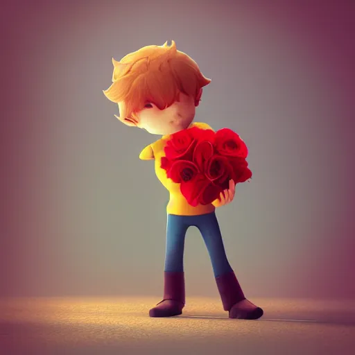 Prompt: the little prince holding a red rose illustration, bokeh, octane render, award winning, trending on art station