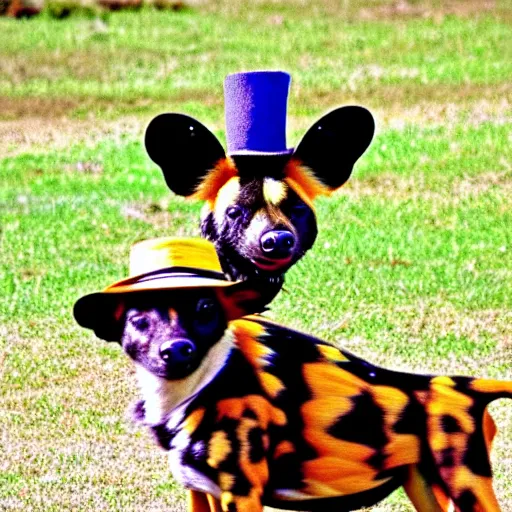 Image similar to The world's greatest showman: the african painted dog dressed in a hat!