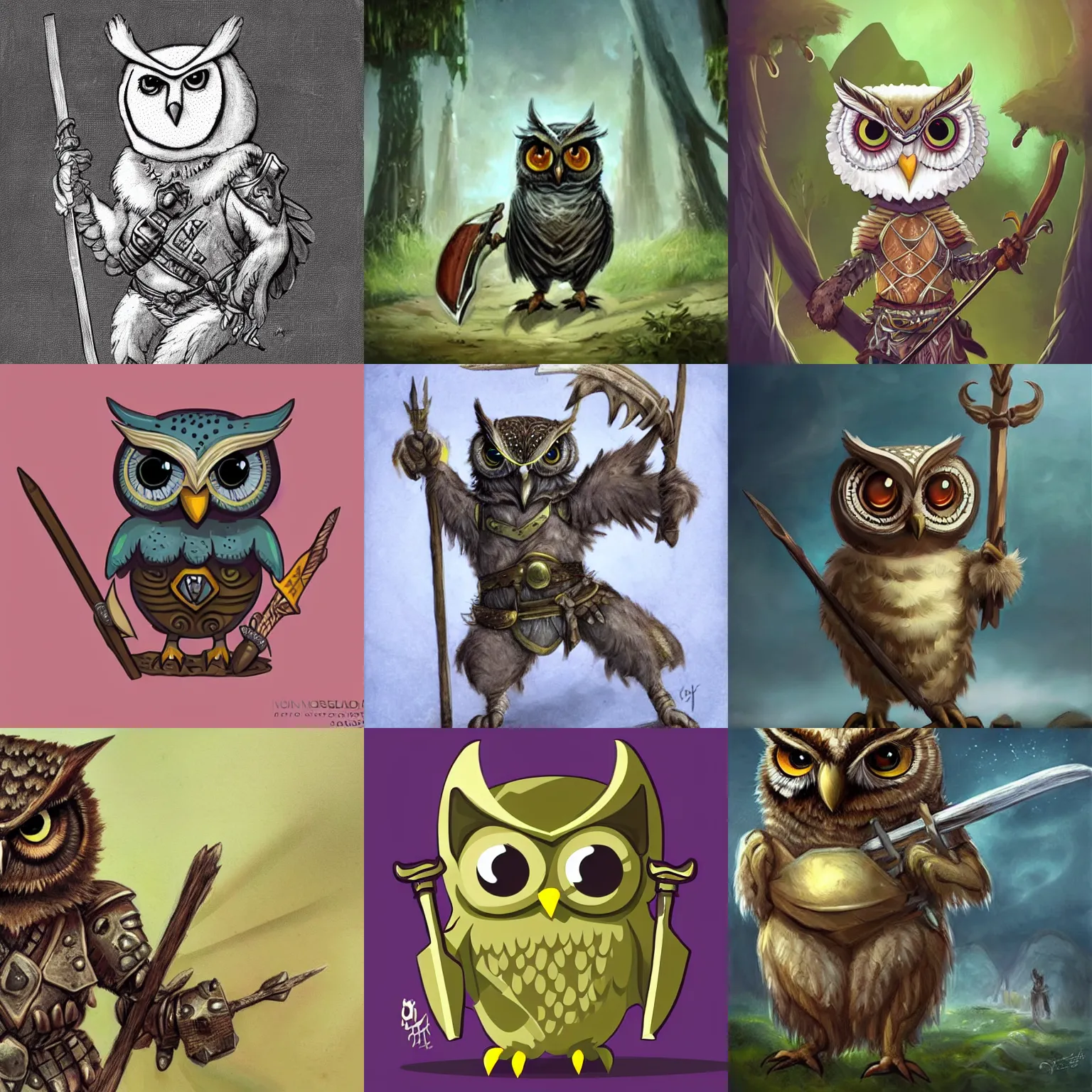 Prompt: surprised owl creature holding a spear, wearing armor, cute, fantasy art