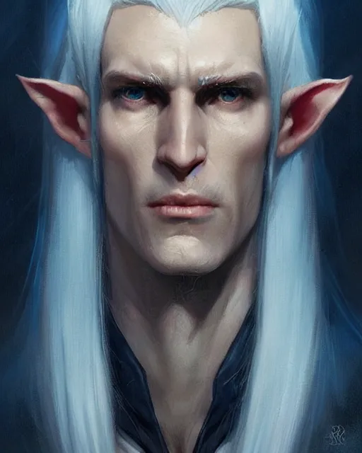 Image similar to character portrait of a slender half - elven man with white hair and blue eyes, by greg rutkowski, mark brookes, jim burns, tom bagshaw, trending on artstation