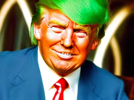 Prompt: donald trump as an oompa loompa with green hair, still from film chocolate factory 1 9 7 1