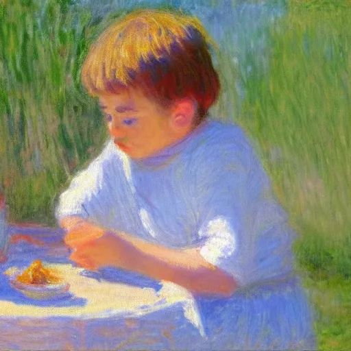 Prompt: in the style of Monet, a boy is eating foods, very highly detailed, 8k, wallpaper