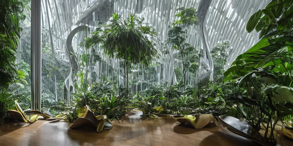 Image similar to lush tropical rainforest with waterfall, interior of bright atrium with lots of natural light, parametric biophilic architecture, atmospheric, zaha hadid and frank gehry inspired, octane 8 k,