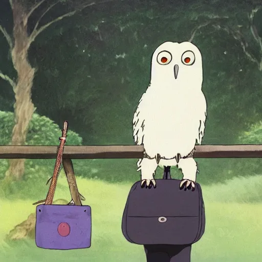 Image similar to still from studio ghibli movie My Neighbor Totoro, Hayao Miyazaki,barn owl in a black suit wearing an office bag going to the office, symetrical face,digital oil painting